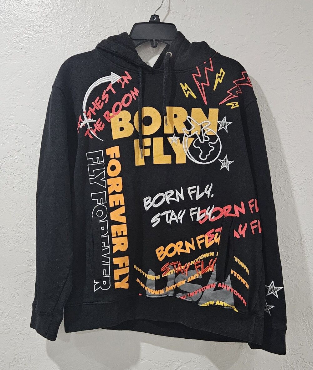 Born Fly Forever Fly Mens Black Graphic Hoodie Sweatshirt Large Streetwear